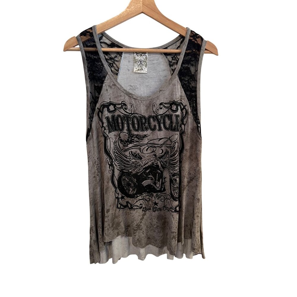 Vocal Motorcycle Angel Wings Graphic Tank Top With Lace Women's Size XXL Y2K